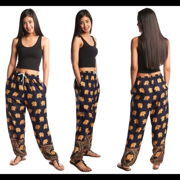 Bohotusk Royal Elephant Print Harem Pants Elasticated Smocked Waist Sz S/M - Picture 1 of 12